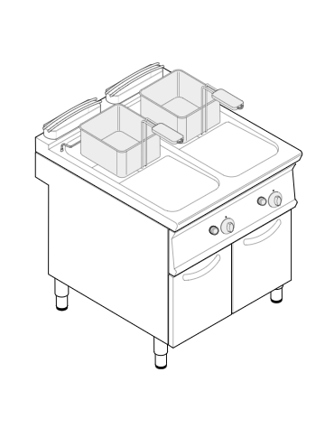 Friggitrice a gas su mobile, 2 vasche da 17+17 lt con scambiatori di calore - cm 80x70x90h