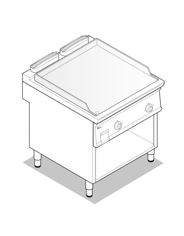 Fry top a gas su vano aperto, 16 kw, piastra doppia liscia cromata spazzolata - zona di cottura cm 74,9x69,8 - cm 80x90x90h