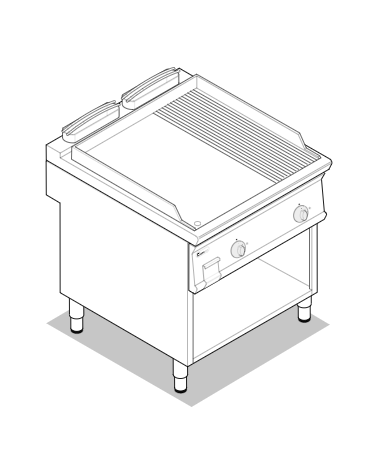 Fry top a gas su vano aperto, 16 kw, piastra 2/3 liscia e 1/3 rigata cromata spazzolata - zona cottura cm 74,9x69,8 - cm 80x90x9