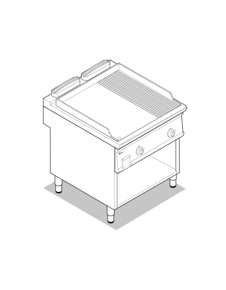 Fry top a gas su vano aperto, 16 kw, piastra 2/3 liscia e 1/3 rigata cromata spazzolata - zona cottura cm 74,9x69,8 - cm 80x90x9