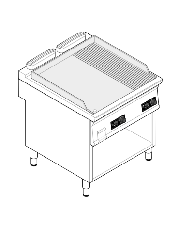 Fry top elettrico trifase-7,8kw su vano aperto,piastra 2/3 liscia e 1/3 rigata cromata spazzolata-controllo elett. cm 80x70x90