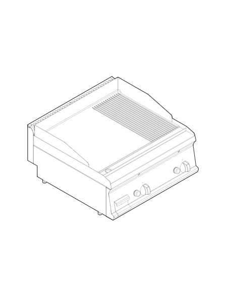 Fry top a gas da banco,14 kw, piastra 2/3 liscia e 1/3 rigata cromata spazzolata - zona di cottura cm 69,6x56,4 - cm 70x70x28h