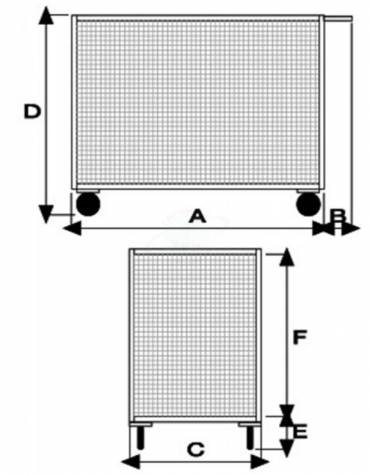 Carrello con pianale a 3 sponde in rete, 2 ruote con freno 4 ruote (2 fisse - 2 girevoli) gomma piena  Ø cm 14 - cm 60x90x81h