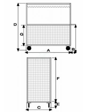 Carrello con pianale verniciato a 4 sponde - 1 ribaltabile - 4 ruote (2 fisse- 2 girevoli) pneumatiche Ø cm 26 - cm 75x115x132h