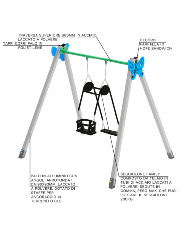 Altalena con seggiolino doppio bambino / genitore - trave in acciaio e montanti in alluminio - cm 277x232x255h
