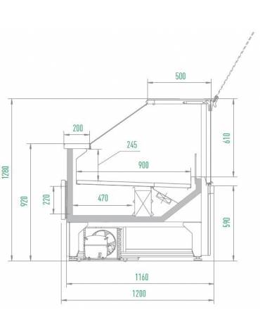 Vetrina gastronomia in acciaio verniciato, plastica e vetro - piano di lavoro in acciaio inox - mm L1310xP830xH1220h