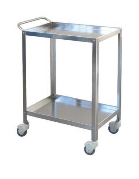 Carrello medicazione inox, con maniglia, 2 ripiani, 4 rotelle girevoli Ø cm 9 - cm 90x60x85h