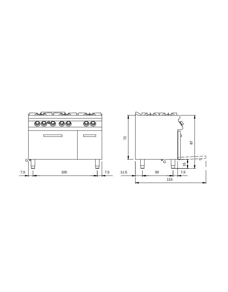 Cucina gas professionale 6 fuochi con forno a gas GN 2/1 statico e armadio  neutro - cm 120x73x87h - Profondita' cm 70