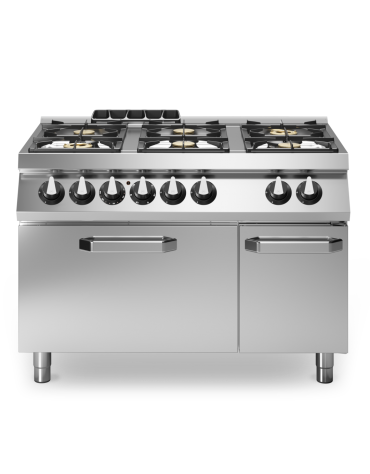 Cucina a gas professionale 6 fuochi con forno elettrico statico GN 2/1 e armadio neutro - Bacinelle smaltate - cm 120x73x87h