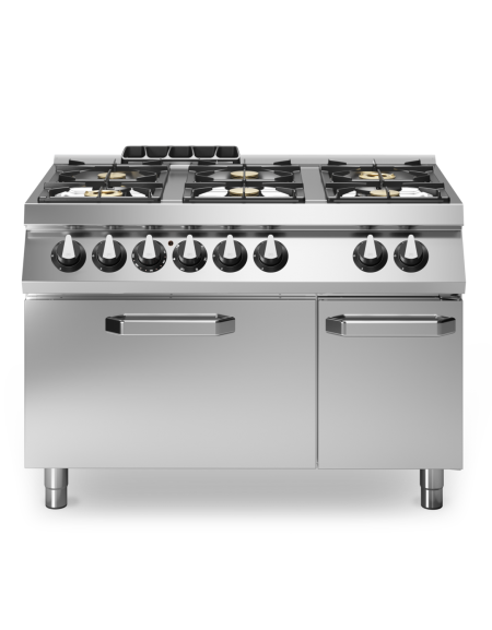 Cucina a gas professionale 6 fuochi con forno elettrico statico GN 2/1 e armadio neutro - Bacinelle smaltate - cm 120x73x87h