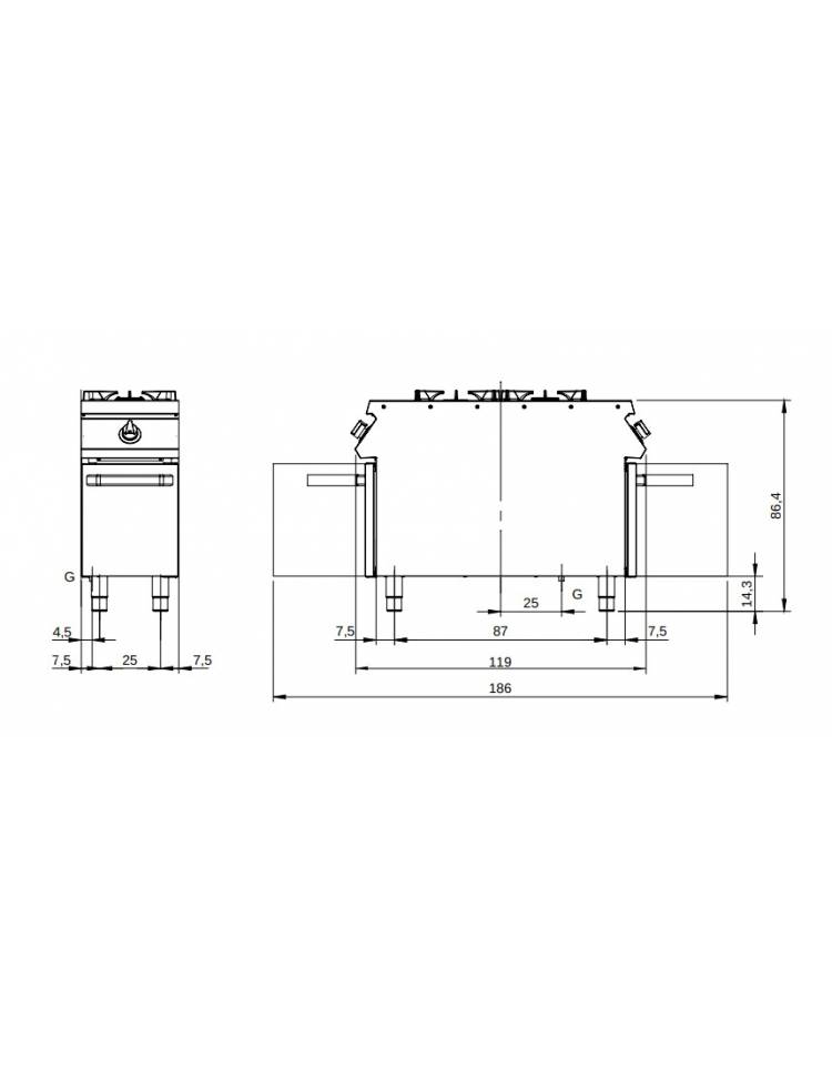 Cucina professionale a gas 2 fuochi armadio aperto profondità 900 mm - mod.  CCS90/40