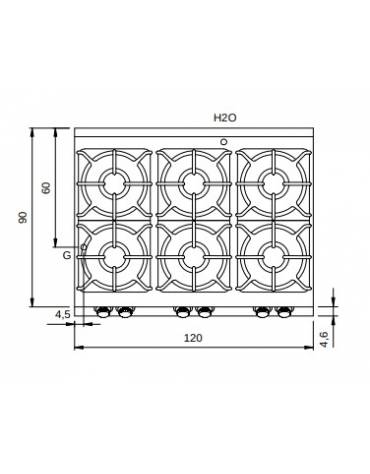 Cucina a gas 6 fuochi da banco con piano stampato - Potenza totale Kw 52 - cm 120x90x28h