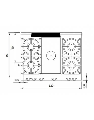 Cucina a gas 4 fuochi + tuttapiastra su vano aperto - piano stampato - potenza totale 43 Kw - cm 120x90x87h