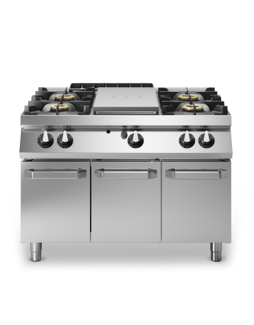 Cucina a gas 4 fuochi + tuttapiastra su vano con 3 porte - piano stampato - potenza totale 43 Kw - cm 120x90x87h