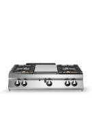 Cucina a gas 4 fuochi + tuttapiastra da banco - bacinelle smaltate - potenza totale 33 Kw - cm 120x90x28h