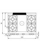 Cucina a gas 4 fuochi + tuttapiastra da banco - bacinelle smaltate - potenza totale 33 Kw - cm 120x90x28h