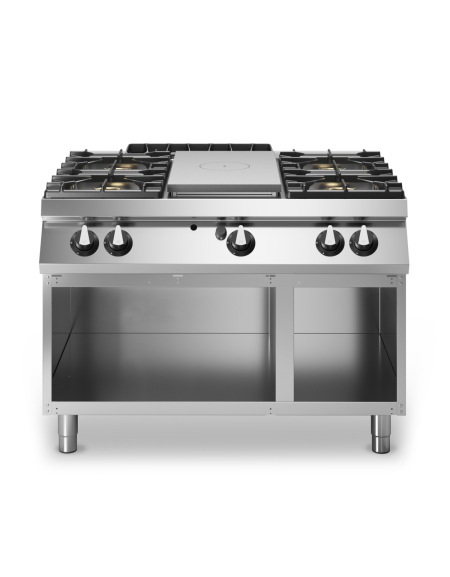 Cucina a gas 4 fuochi + tuttapiastra su vano aperto - bacinelle smaltate - potenza totale 33 Kw - cm 120x90x87h