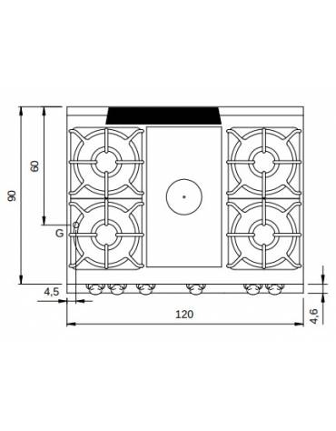 Cucina a gas 4 fuochi + tuttapiastra su vano con 3 porte - bacinelle smaltate - potenza totale 33 Kw - cm 120x90x87h