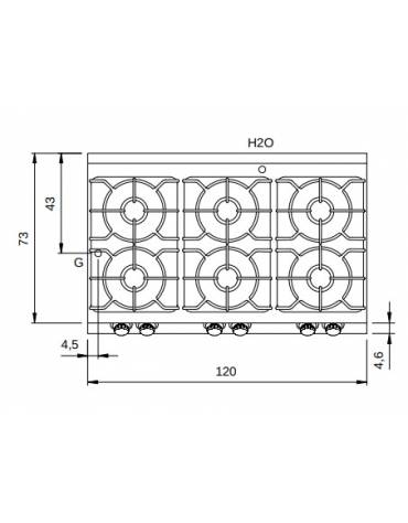 Cucina a gas 6 fuochi su vano con 3 porte - piano stampato - Potenza totale Kw 33,5 - cm 120x73x87h