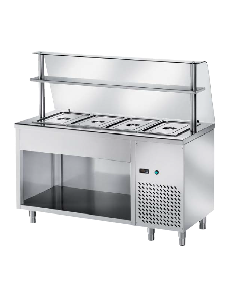 TAVOLO FREDDO SELF SERVICE CON VASCA REFRIGERATA N° 4 GN 1/1 - VANO INFERIORE A GIORNO E VETRO CON MENSOLA CM. 150X70X140H