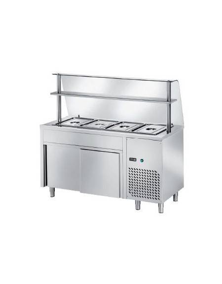 TAVOLO FREDDO SELF SERVICE CON VASCA REFRIGERATA N° 2 GN 1/1 - VANO INFERIORE CHIUSO NEUTRO E VETRO CON MENSOLA  CM. 90X70X140H