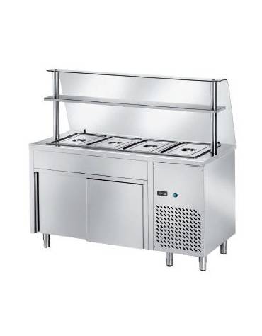 TAVOLO FREDDO SELF SERVICE CON VASCA REFRIGERATA N° 5 GN 1/1 - VANO INFERIORE CHIUSO NEUTRO E VETRO CON MENSOLA  CM. 200X70X140H