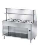 TAVOLO INOX AISI 304 CALDO SELF SERVICE BAGNOMARIA, 4 BACINELLE GN1/1 - VANO INFERIORE A GIORNO - VETRO E MENSOLA CM 150X70X140H