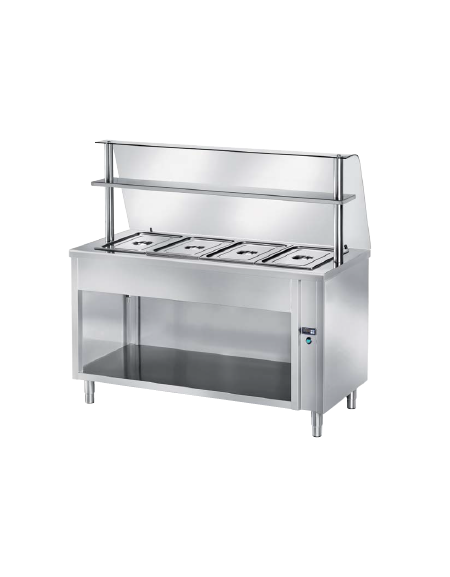 TAVOLO INOX AISI 304 CALDO SELF SERVICE BAGNOMARIA, 4 BACINELLE GN1/1 - VANO INFERIORE A GIORNO - VETRO E MENSOLA CM 150X70X140H