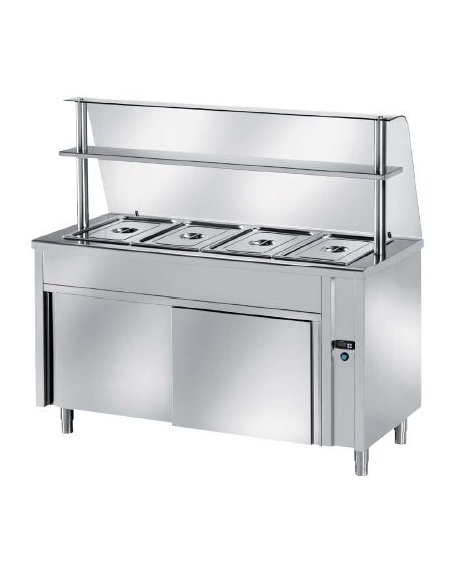 TAVOLO INOX AISI 304 CALDO SELF SERVICE BAGNOMARIA, 2 BACINELLE GN1/1 - VANO INFERIORE NEUTRO CON VETRO E MENSOLA CM 90X70X140H