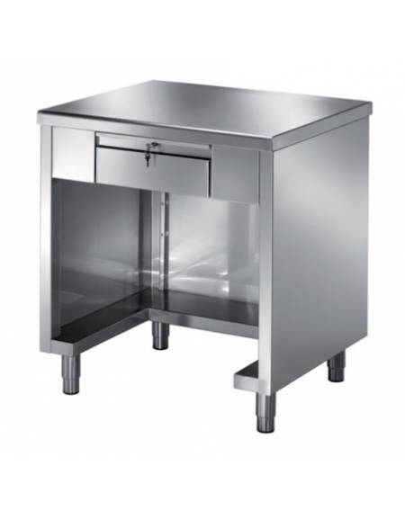 Tavolo cassa inox AISI 304 chiuso su 3 lati con cassetto e chiusura a chiave - cm 80x70x89h