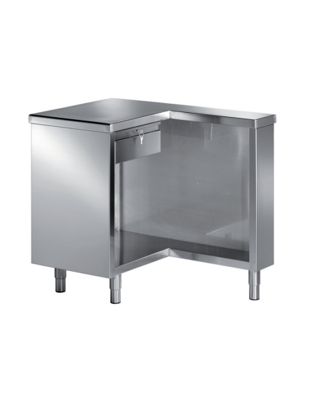 Tavolo cassa inox AISI 304 chiuso ad L dx, con 1 cassetto e chiusura a chiave - cm 120x70x89h