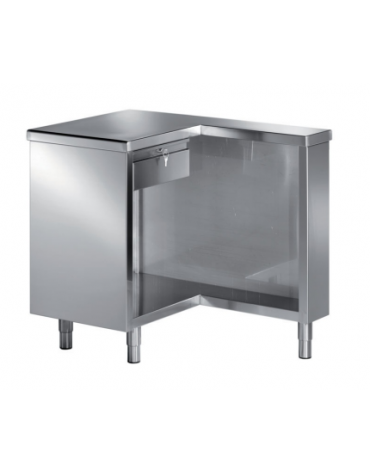 Tavolo cassa inox AISI 304 chiuso ad L dx, con 1 cassetto e chiusura a chiave - cm 140x70x89h