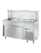 TAVOLO INOX AISI 304 REFRIGERATO SELF-SERVICE, PER BACINELLE GN - VANO INFERIORE CHIUSO, LAMPADE E VETRO  - CM 90x70x130h