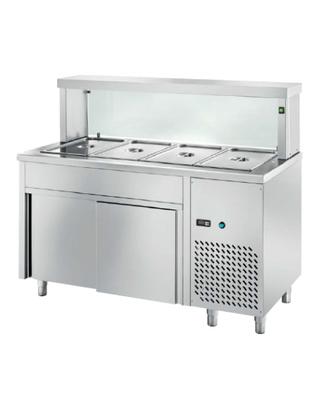 TAVOLO INOX AISI 304 REFRIGERATO SELF-SERVICE, PER BACINELLE GN - VANO INFERIORE CHIUSO, LAMPADE E VETRO  - CM 200x70x130h