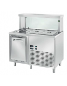 TAVOLO INOX AISI 304 REFRIGERATO SELF-SERVICE, x3 GN 1/1 - VANO INFERIORE REFRIGERATO, LAMPADE E VETRO  - CM 120x70x130h