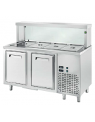 TAVOLO INOX AISI 304 REFRIGERATO SELF-SERVICE, x4 GN 1/1 - VANO INFERIORE REFRIGERATO, LAMPADE E VETRO  - CM 150x70x130h