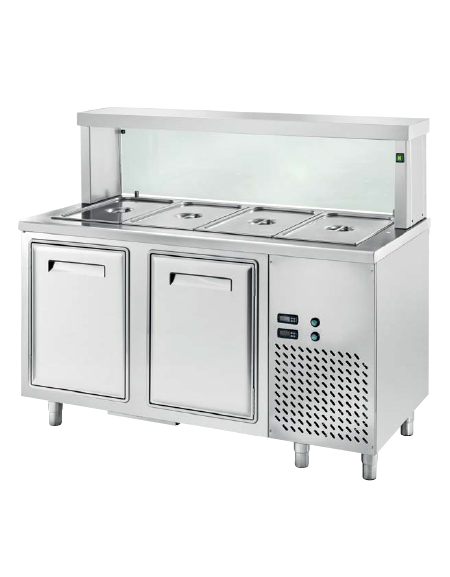 TAVOLO INOX AISI 304 REFRIGERATO SELF-SERVICE, x4 GN 1/1 - VANO INFERIORE REFRIGERATO, LAMPADE E VETRO  - CM 150x70x130h