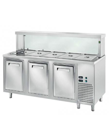 TAVOLO INOX AISI 304 REFRIGERATO SELF-SERVICE, x5 GN 1/1 - VANO INFERIORE REFRIGERATO, LAMPADE E VETRO  - CM 200x70x130h