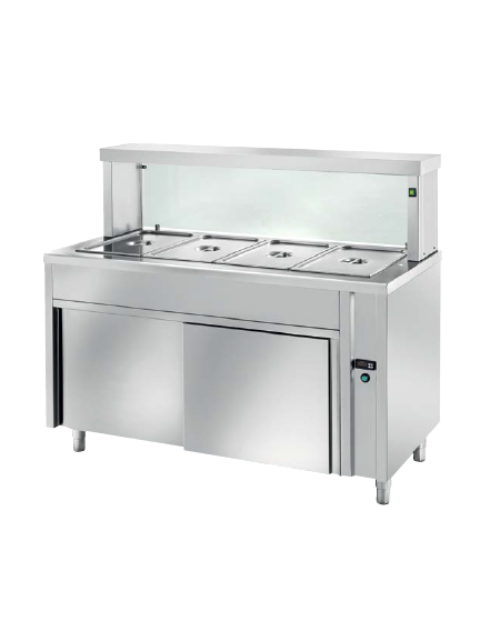 TAVOLO INOX AISI 304 BAGNOMARIA SELF SERVICE  x2 GN 1/1 - VETRO, LAMPADE RISCALDATE E VANO INFERIORE NEUTRO - CM. 90X70X130H