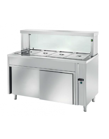 TAVOLO INOX AISI 304 BAGNOMARIA SELF SERVICE  x5 GN 1/1 - VETRO, LAMPADE RISCALDATE E VANO INFERIORE NEUTRO - CM. 200X70X130H