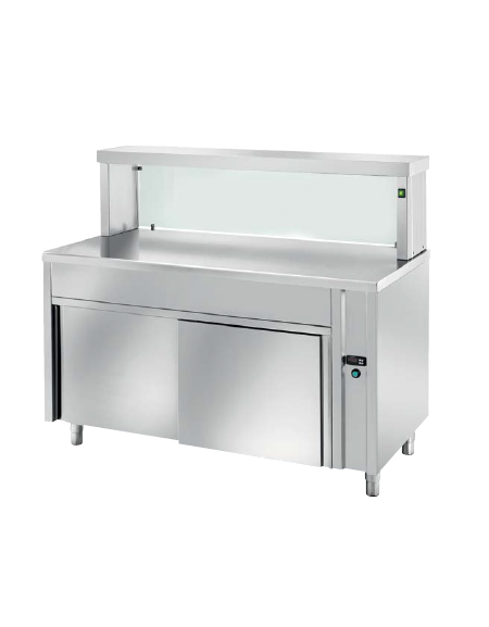 TAVOLO INOX AISI 304 SELF SERVICE PIANO SUPERIORE RISCALDATO - VETRO, LAMPADE RISCALDATE E VANO INFERIORE NEUTRO - CM. 90X70X130