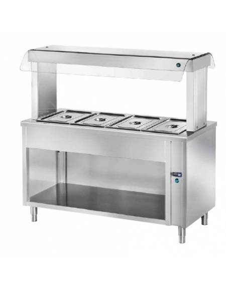 ELEMENTO INOX AISI 304 ISOLA CENTRALE SELF SERVICE BAGNOMARIA, x5 GN1/1 - VETRO, LAMPADE RISCALDATE E VANO INF. APERTO - CM 200