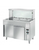 TAVOLO INOX AISI 304 BAGNOMARIA SELF SERVICE  x3 GN 1/1 - VETRO, LAMPADE RISCALDATE E VANO INFERIORE CALDO - CM. 120X70X130H