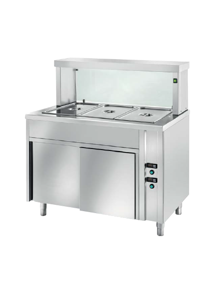 TAVOLO INOX AISI 304 BAGNOMARIA SELF SERVICE  x3 GN 1/1 - VETRO, LAMPADE RISCALDATE E VANO INFERIORE CALDO - CM. 120X70X130H