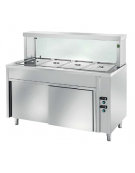 TAVOLO INOX AISI 304 BAGNOMARIA SELF SERVICE  x4 GN 1/1 - VETRO, LAMPADE RISCALDATE E VANO INFERIORE CALDO - CM. 150X70X130H