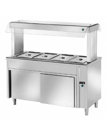 ELEMENTO INOX AISI 304 ISOLA CENTRALE SELF SERVICE BAGNOMARIA, x3 GN1/1 - VETRO, LAMPADE RISCALDATE E VANO INF. NEUTRO - CM 120