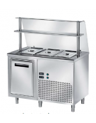 TAVOLO INOX AISI 304 REFRIGERATO SELF-SERVICE, x3 GN 1/1 - VANO INFERIORE REFRIGERATO E VETRO CURVO - CM 120x80x140h