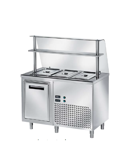 TAVOLO INOX AISI 304 REFRIGERATO SELF-SERVICE, x3 GN 1/1 - VANO INFERIORE REFRIGERATO E VETRO CURVO - CM 120x80x140h