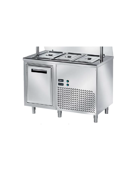 TAVOLO INOX AISI 304 REFRIGERATO SELF-SERVICE, x3 GN 1/1 - VANO INFERIORE REFRIGERATO - SENZA VETRO - CM 120x80x89h