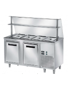 TAVOLO INOX AISI 304 REFRIGERATO SELF-SERVICE, x4 GN 1/1 - VANO INFERIORE REFRIGERATO E VETRO CURVO - CM 150x80x140h